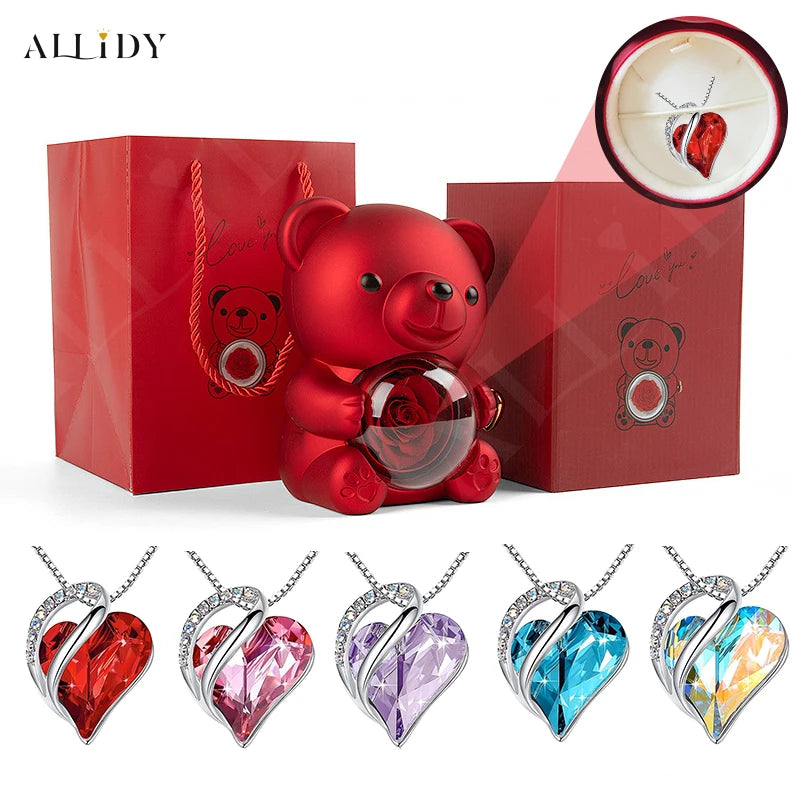 6-Colors Bear Eternal Flower Jewelry Box with Heart shaped Geometric Crystal Stone Mother's Day Valentine's Day Christmas Gifts