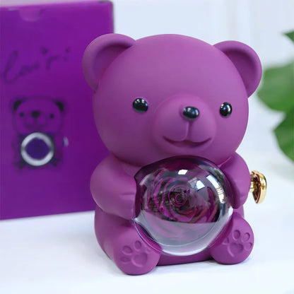 School Gift Send Son Daughter Lovely Purple Eternal Rose Teddy Bear with Custom Carved Words Heart Necklace Jewelry Gift Set