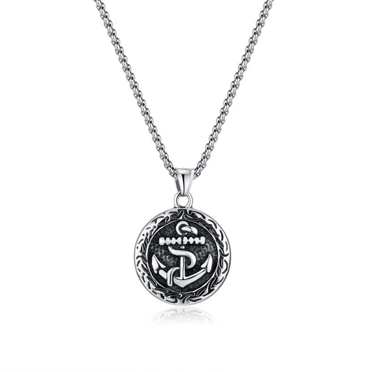 Men’s Anchor Pendant Necklace – Korean Hip Hop Style Stainless Steel Round Tag Jewelry