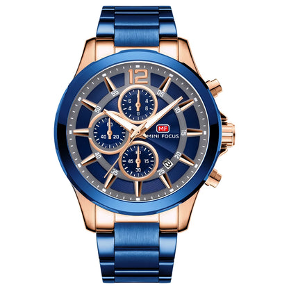 MINIFOCUS Men’s Luxury Automatic Mechanical Watch Six‑Hand Chronograph Date Luminous Waterproof Stainless Steel Band Business