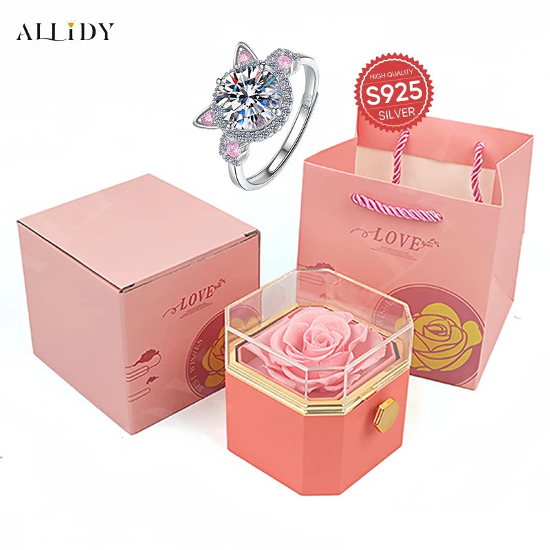 925 Sterling Silver Cute Cat Ear Design Artificial Zircon Ring with Eternal Rose Jewelry Gift Box Set for Girl Women