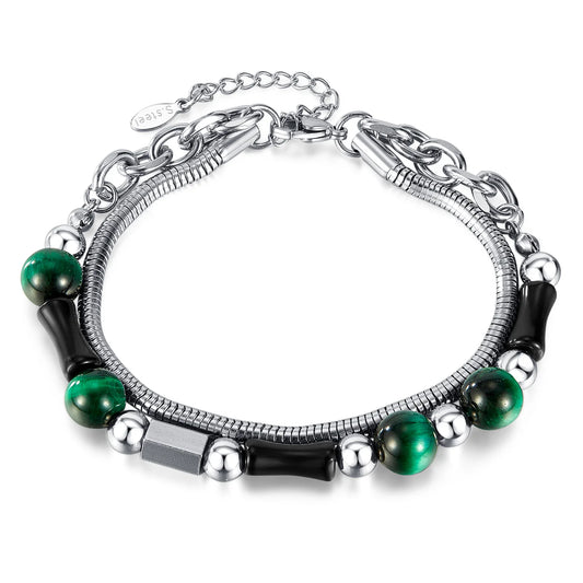 Men’s Double-Layer Green Tiger Eye Bracelet – Retro Stainless Steel Beaded Wristband with Black Bamboo Beads, High-End Design