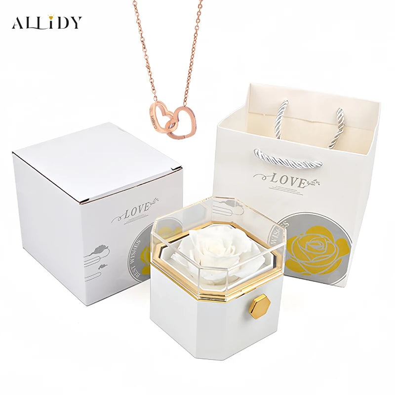 New Octagon Rotating Preserved Rose Proposal Surprise Jewelry Gift Box with Custom Name Necklace Set Holiday for Girlfriend