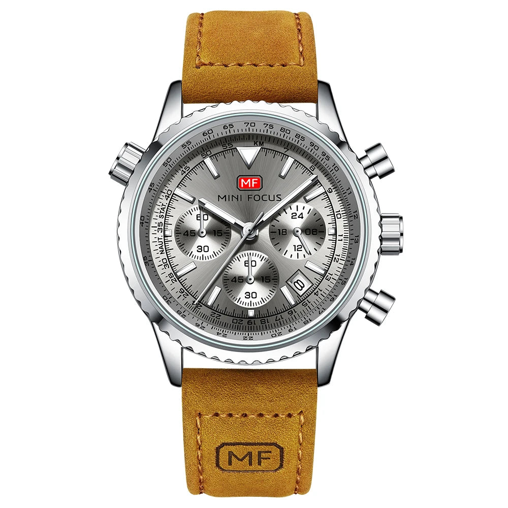 MINIFOCUS Mens Multifunction Quartz Watch Aviation Chronograph Genuine Leather Strap Water Resistant Luminous Fashion Casual