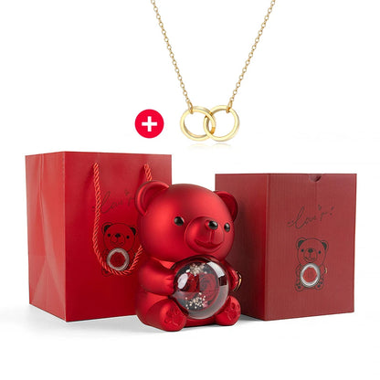 New Double Rose Eternal Rose Teddy Bear Jewelry Box with Custom Engraved Pendant Necklace – Perfect Valentine's Day Gift for Wom
