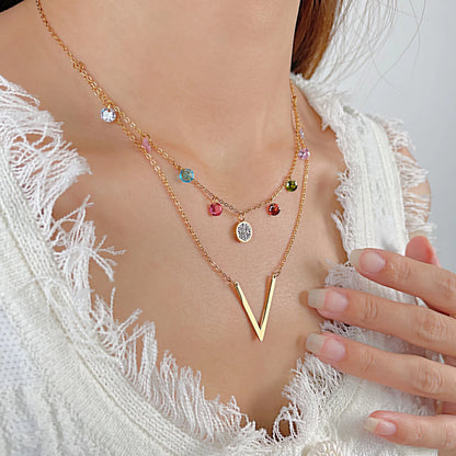 Trendy Double Layer Clavicle Necklace – Minimalist Stainless Steel Chain with Colorful Zircon for Women