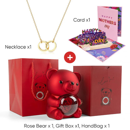 Mother's Day Gift Set Personalized Custom Necklace & Eternal Rose Teddy Bear and Beautiful Card Unique Jewelry Gift for Mom