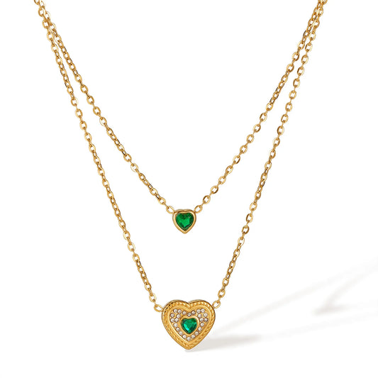 Vintage Double-Layer Emerald Heart Necklace – French Chic Stainless Steel Clavicle Chain for Women