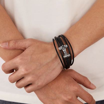 Men’s Vintage Geometric Leather Bracelet – Multi-Layer Braided Wristband with Stainless Steel Accents, Retro European Style