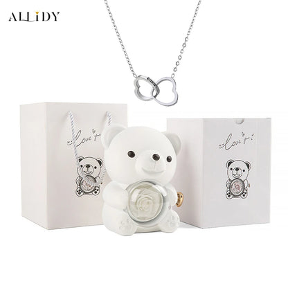 New Christmas Gift Box Blue Real Preserved Eternal Rose Rotating Teddy Bear with Engraved Name Necklace Jewelry Gift Boxes Set