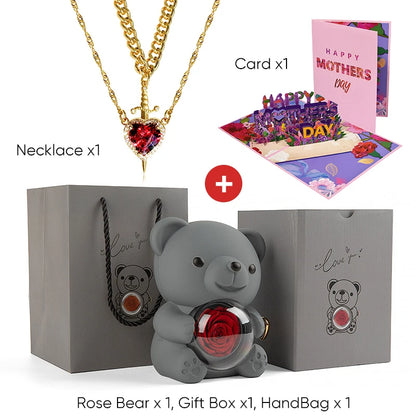 Mother's Day 3D Card Red Zircon Heart and Sword Necklace Double Necklace Real Rose Hug Bear Mothers Day Jewelry Gift Set for Mom