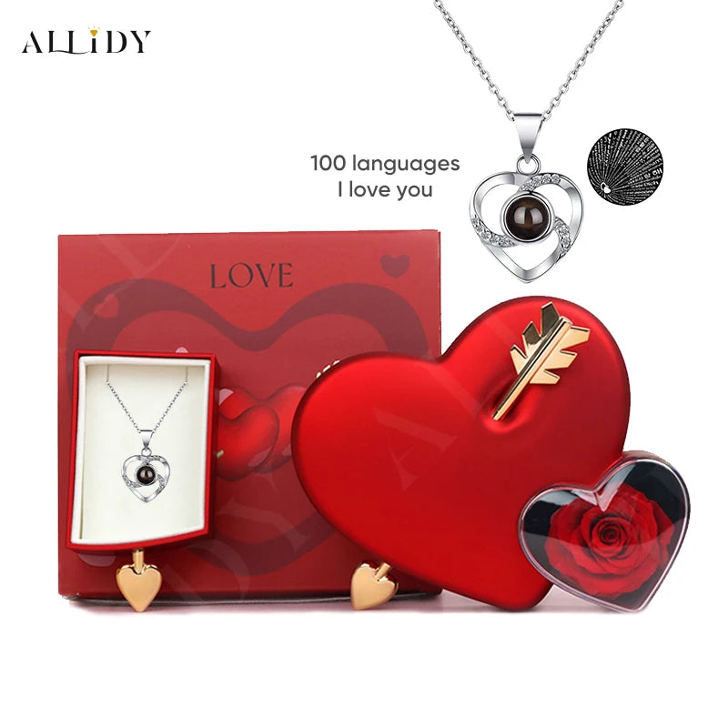 Allidy - Valentine's Day Creative Heart-piercing Rose Jewelry Box and 100 Languages I Love You Projection Necklace Gift Set