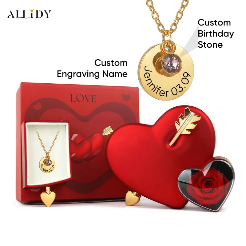 Personalized Fashion Necklace Engraved Name Birthday Stone Pendant and Eternal Rose Drawer Jewelry Storage Box Anniversary Gift