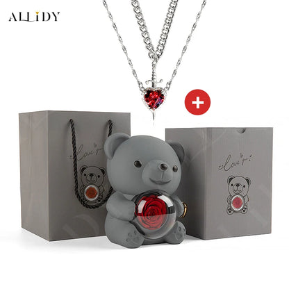 Hot Red Zircon Love Dagger Sword Pendant Collarbone Chain Double Valentine's Day Couple Necklace Real Preserved Rose Teddy Bear