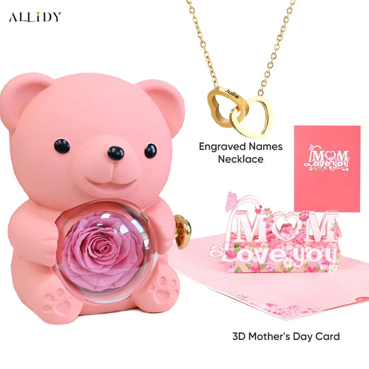 2025 New Beautiful 3D Mother's Day Card Roses Teddy Bear and Necklace Best Personalized Unique Mother’s Day Gifts for Mom