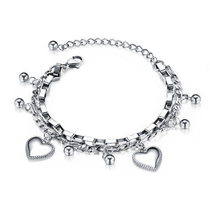Trendy Layered Stainless Steel Bracelet for Women – Beaded Heart Titanium Steel Jewelry