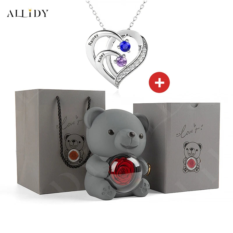 Fashion Personality Custom Engraved Name Heart Necklace and Eternal Rose Teddy Bear Jewelry Gift Box Christmas Valentine Women