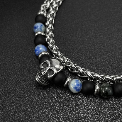 Men’s Skull Pendant Necklace – Stainless Steel Blue Dot Stone & Matte Beads Gothic Punk Jewelry