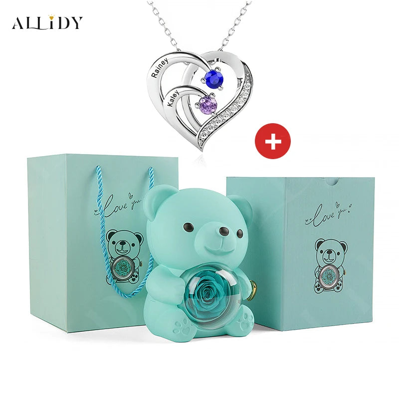 Fashion Personality Custom Engraved Name Heart Necklace and Eternal Rose Teddy Bear Jewelry Gift Box Christmas Valentine Women