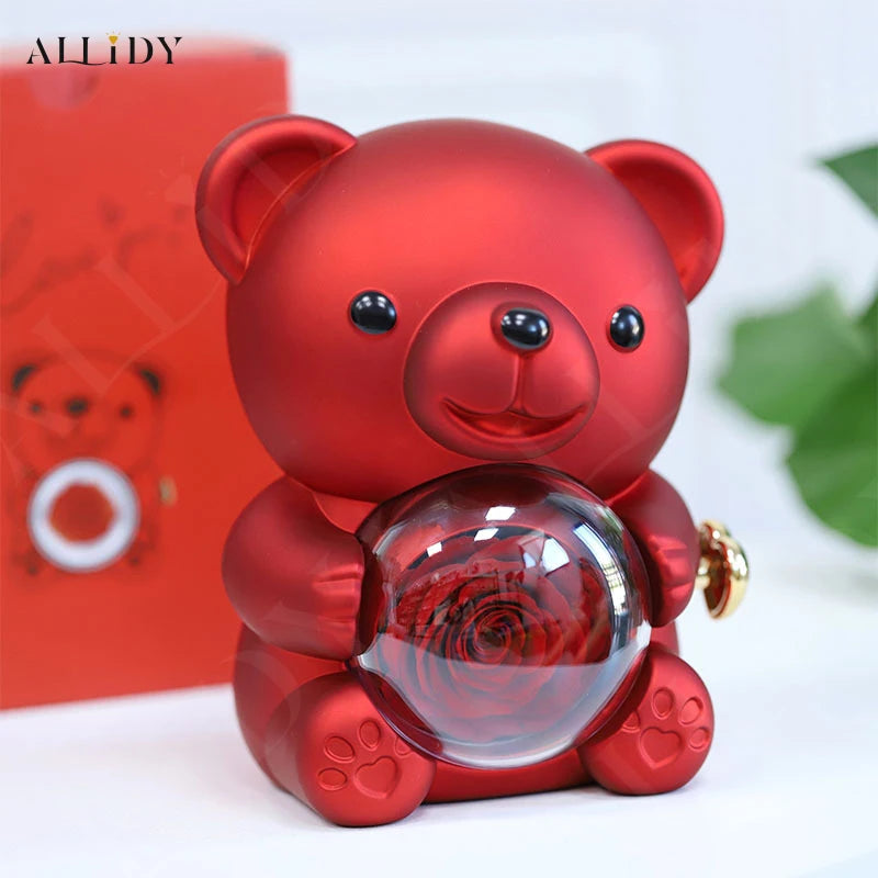 2024New Surprise Gift Ideas Real Preserved Eternal Rose Teddy Bear Necklace Ring Jewelry Box Christmas Valentine's Day Presents