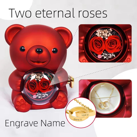 New Double Rose Eternal Rose Teddy Bear Jewelry Box with Custom Engraved Pendant Necklace – Perfect Valentine's Day Gift for Wom