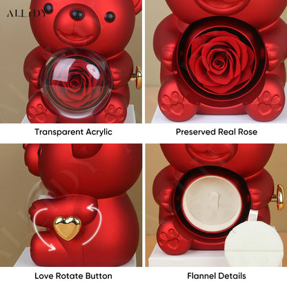 Allidy - Real Eternal Red Rose Teddy Bear Custom Name Necklace Jewelry Set Gift Box Christmas Valentine's Birthday Wedding Gift