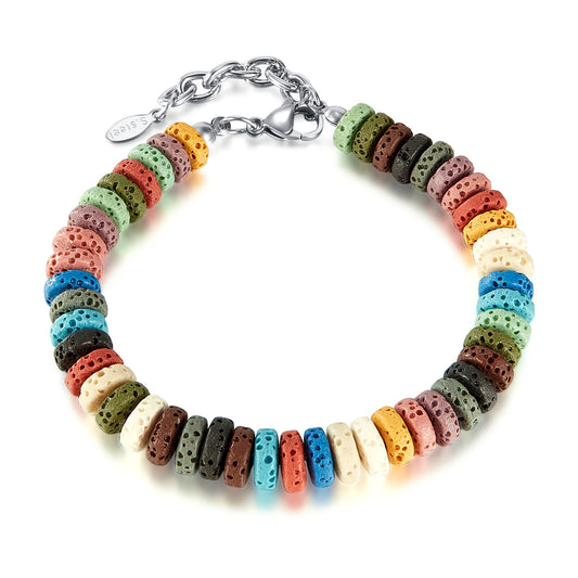 Unisex Stainless Steel Lava Stone Chain Bracelet – Colorful Volcanic Rock Titanium Steel Fashion Jewelry