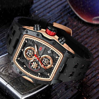 MINIFOCUS Luxury Mens Racing Sports Watch Barrel Skeleton Dial Waterproof Luminous Wristwatch Outdoor Business Watch for Man