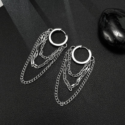 Men’s Stainless Steel Tassel Chain Stud Earring – Trendy Punk Style Titanium Steel Ear Accessory