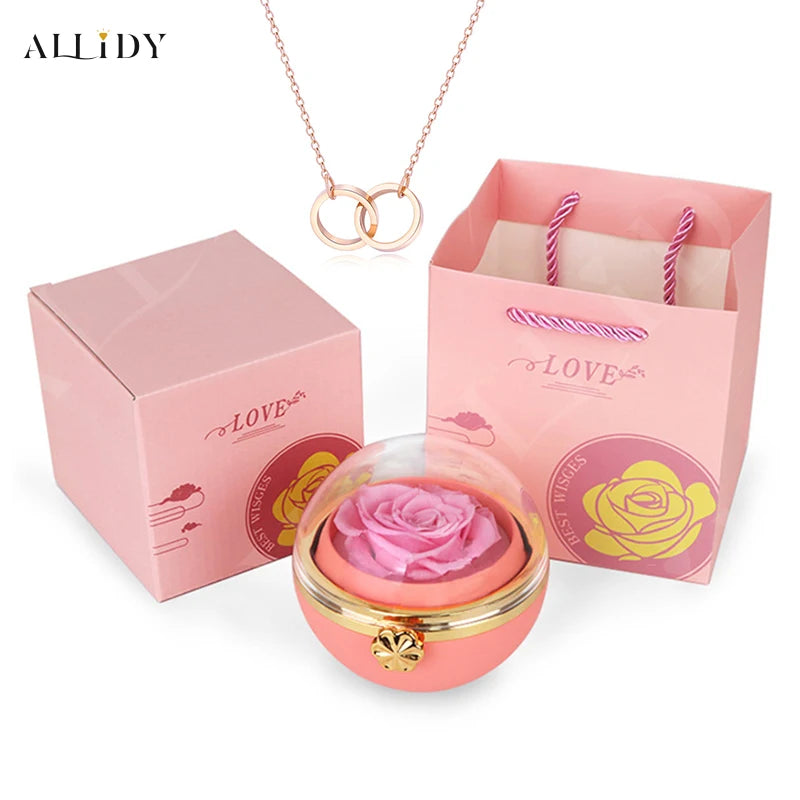 New Rotating Rose Round Jewelry Gift Box with Customized Name Stainless Steel Necklace Valentine's Day Marriage Proposal Gifts