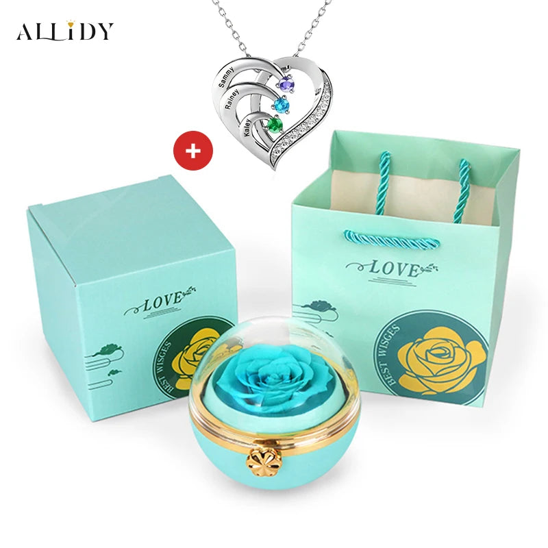 Personalized Heart Necklace with 2-4 Birthstones Custom Engraved Name Pendant Preserved Rose Jewelry Gift Box Christmas Women