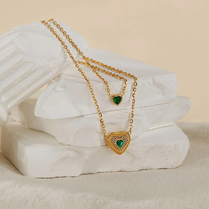 Vintage Double-Layer Emerald Heart Necklace – French Chic Stainless Steel Clavicle Chain for Women