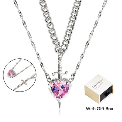 Heart and Sword Zircon Crystal Necklace 2pcs Women New Fashion Double Chain Pendant Female Mother's Day Gifts for Mom/Women