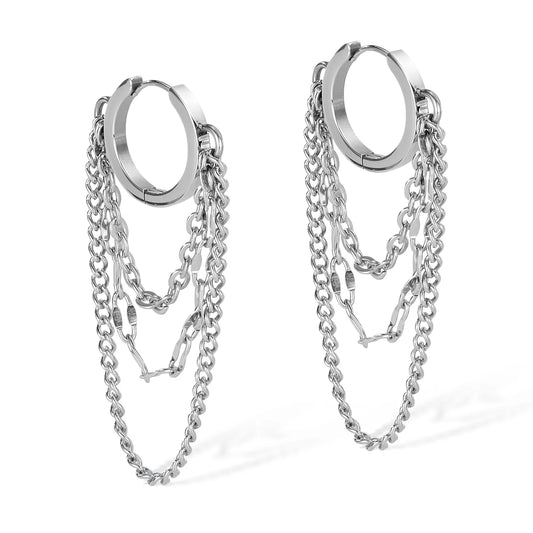 Men’s Stainless Steel Tassel Chain Stud Earring – Trendy Punk Style Titanium Steel Ear Accessory