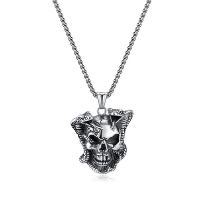 Men’s Snake Wrapped Skull Pendant Necklace – Vintage Gothic Stainless Steel Punk Jewelry