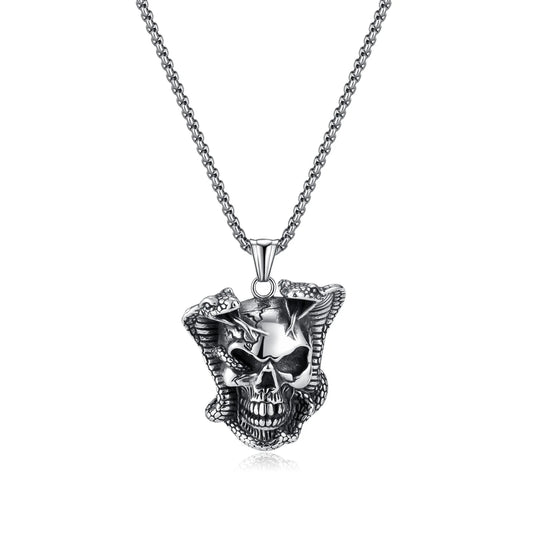 Men’s Snake Wrapped Skull Pendant Necklace – Vintage Gothic Stainless Steel Punk Jewelry
