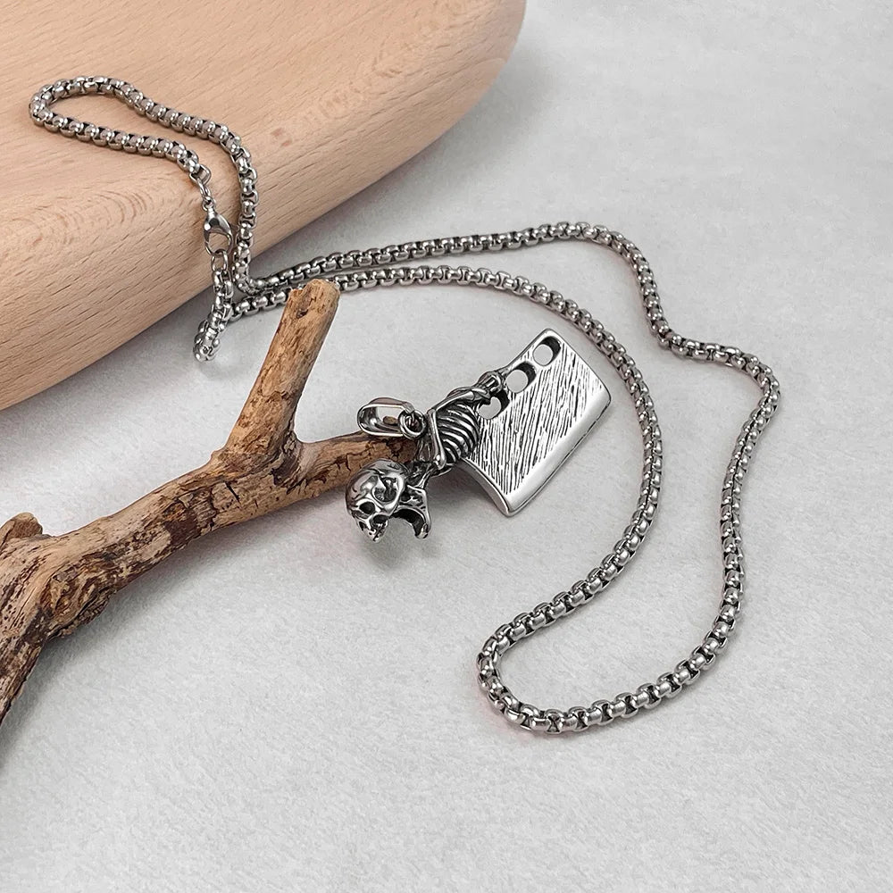 Men’s Punk Skull Cleaver Pendant Necklace – Retro Stainless Steel Butcher Knife Hip Hop Jewelry