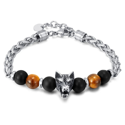 Men’s Stainless Steel Bracelet – Cross Chain with Skull / Wolf / Leopard Head & Tiger Eye Beads, Vintage Style
