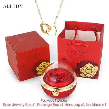 New Surprise Gift Idea Preserved Rose Round Ring or Necklace Jewelry Gift Box with Engraved Name Necklace for Girl Friend Mum