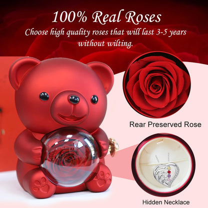 Fashion Personality Custom Engraved Name Heart Necklace and Eternal Rose Teddy Bear Jewelry Gift Box Christmas Valentine Women