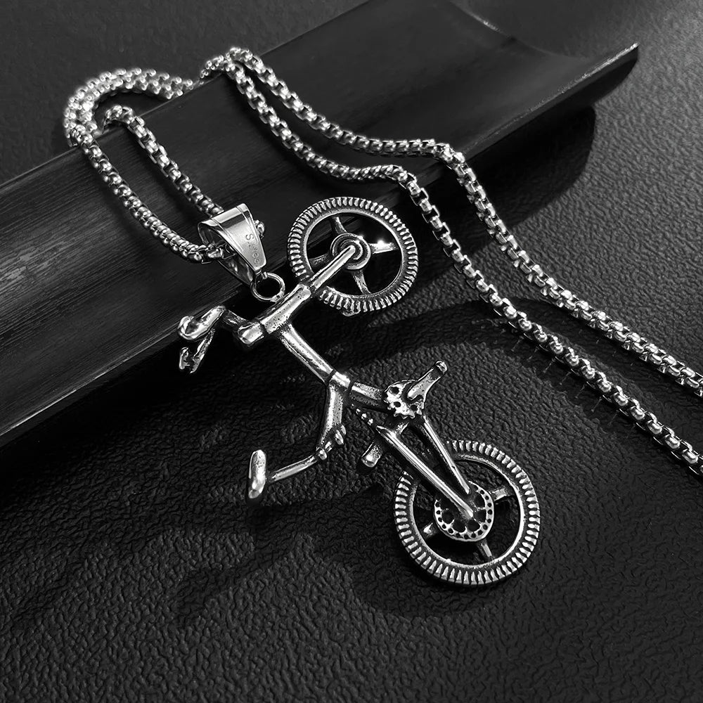 Men’s Retro Punk Bicycle Pendant Necklace – Stainless Steel Bike Chain Jewelry for Biker Style