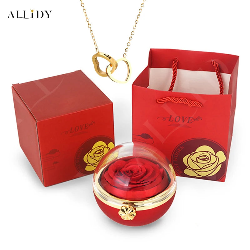 Eternal Rose Round Jewelry Box Personalized Custom Engraved Name Necklace Heart Pendant Women Valentine's Day Christmas Gift