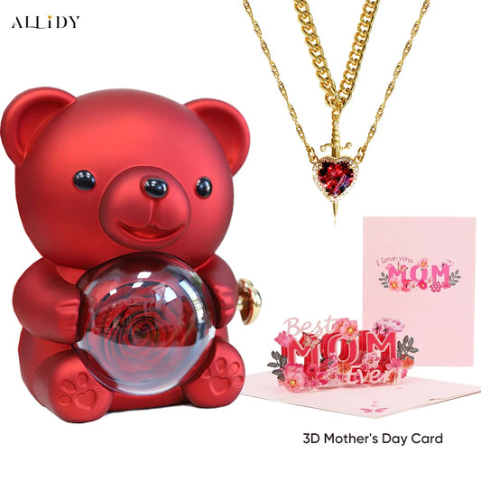 Mother's Day 3D Card Red Zircon Heart and Sword Necklace Double Necklace Real Rose Hug Bear Mothers Day Jewelry Gift Set for Mom