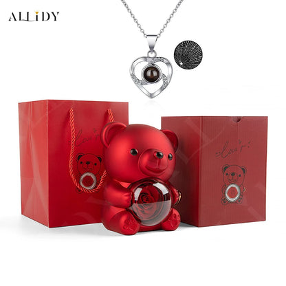 Eternal Rose Teddy Bear Gifts Box with Necklace Rotate Rose Jewelry Box Valentine Wedding Storage Gift Case for Women Girlfriend