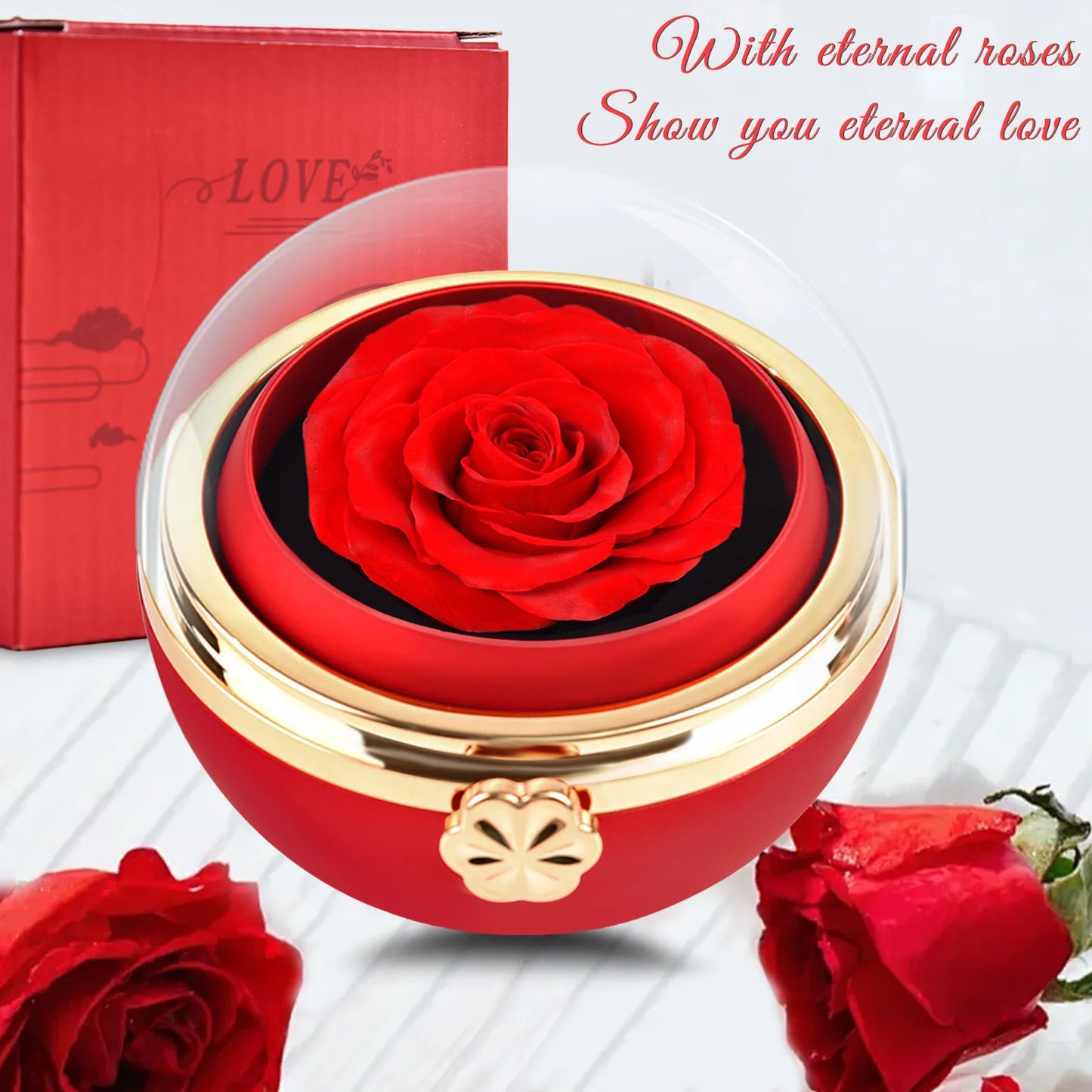 Stainless Steel Personalized Engraved Round Piece Birthday Stone Pendant Necklace Preserved Rose Round Rotating Flower Box Gifts