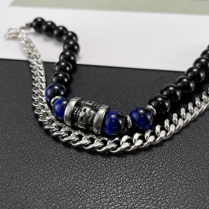 Men’s Double-Layer Cuban Chain Bracelet – Black Agate & Tiger Eye Beads, Stainless Steel Fashion Jewelry