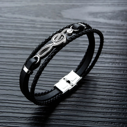 Men’s Music Note Leather Bracelet – Hip Hop Multi-Layer Braided Wristband, Trendy Punk Style Gift for Boyfriend