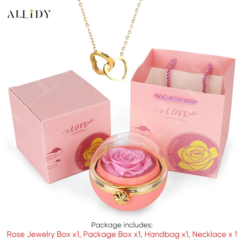 New Surprise Gift Idea Preserved Rose Round Ring or Necklace Jewelry Gift Box with Engraved Name Necklace for Girl Friend Mum