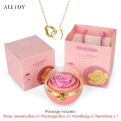 New Surprise Gift Idea Preserved Rose Round Ring or Necklace Jewelry Gift Box with Engraved Name Necklace for Girl Friend Mum