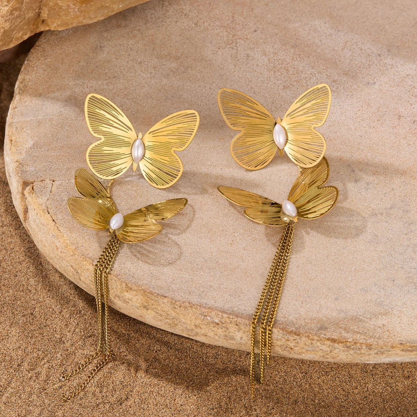 Luxury French Style Butterfly Tassel Earrings for Women – Bold Stainless Steel Titanium Statement Jewelry